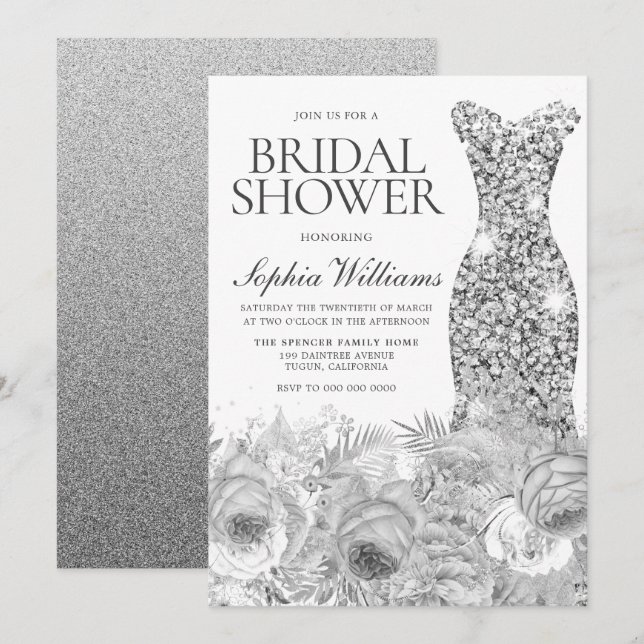 Convite Cinza Sliver Vestido e Chá de panela Floral (Frente/Verso)