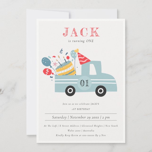 Convite Cinza Suja Azul Qualquer Caminhão De Bolo De Festa (Frente)