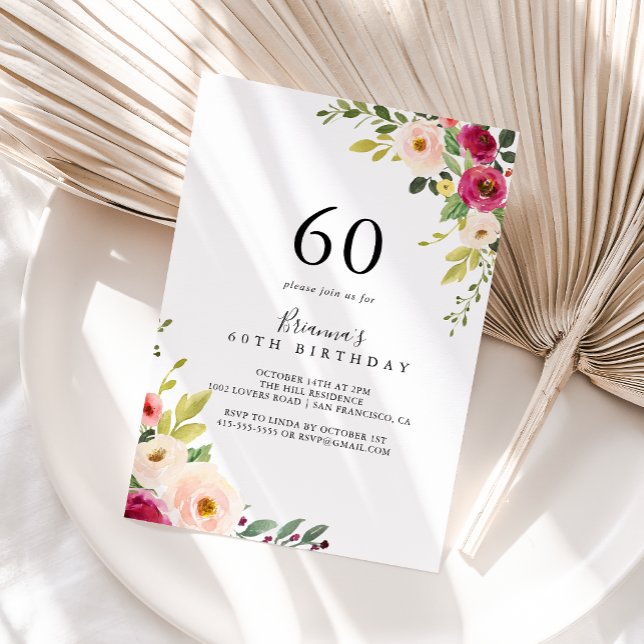 Convite Cinza verde Blush Floral 60ª Festa de aniversário (Criador carregado)