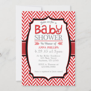 Convite Cinza Vermelha Herringbone Baby Shower Invasores