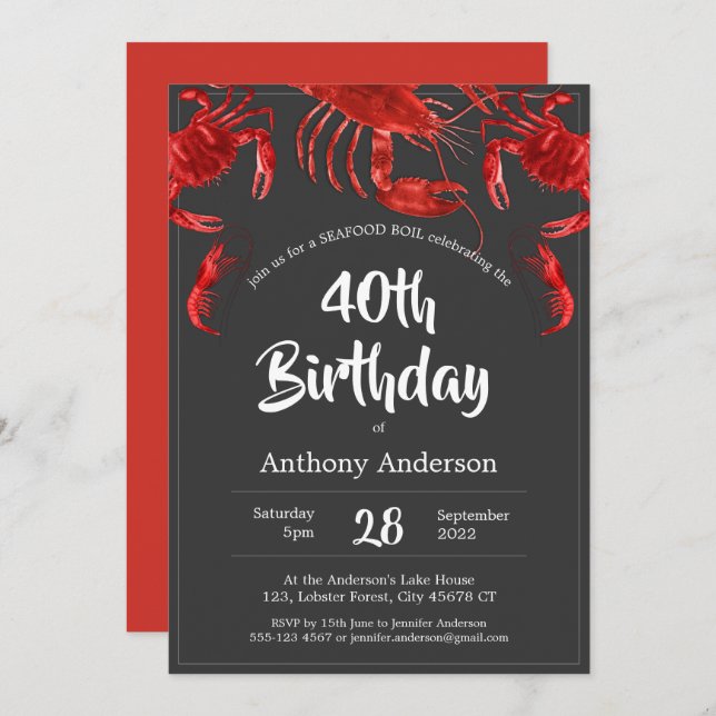 Convite Cinza Vermelha Única, Festa de aniversário Vermelh (Frente/Verso)