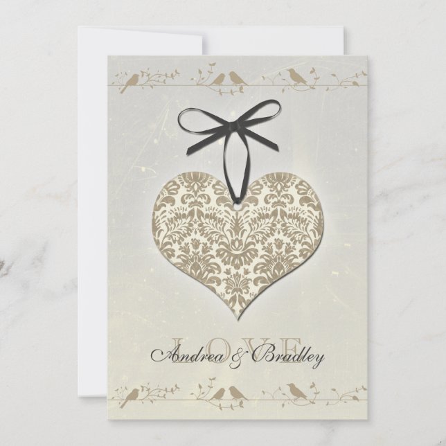 Convite Cinza Vintage Damask Heart Invitation (Frente)