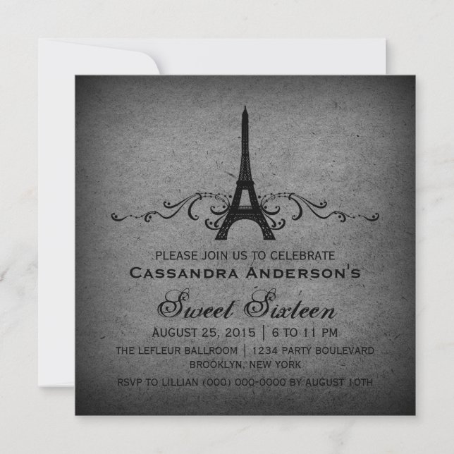 Convite Cinza Vintage Flourish French Sweet 16 Invite (Frente)
