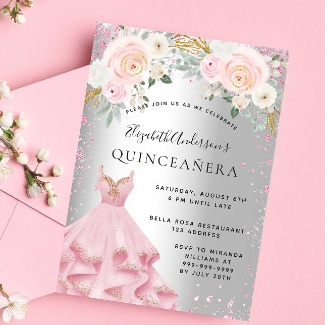 Convite Cinzas cor-de-prata de Quinceanera, luxo (Criador carregado)