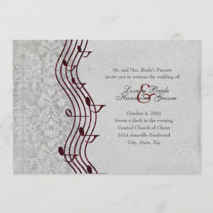 Convite Cinzas, Damask Red Music Elegant Casamento
