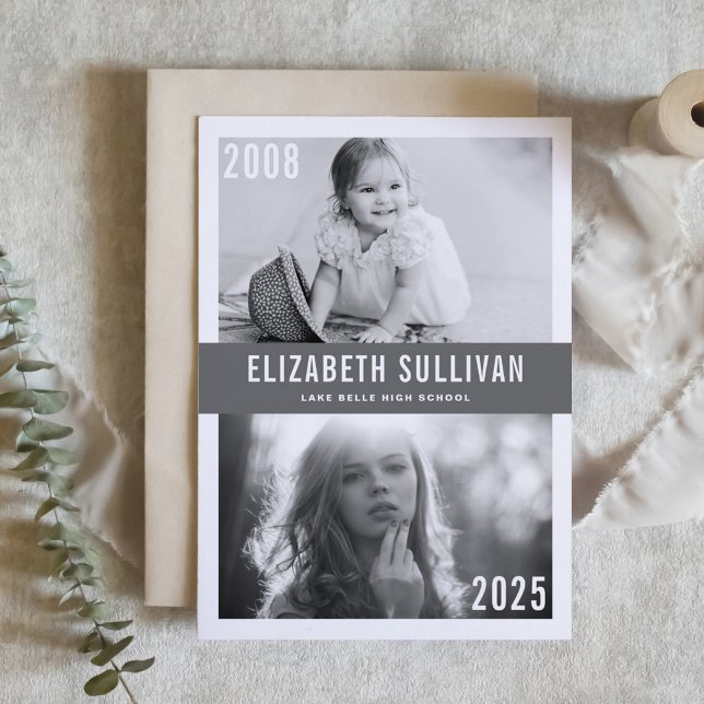 Convite Cinzas e agora graduação em colagem de fotos (Customizable then and now photo collage graduation invitation featuring modern lettering. )