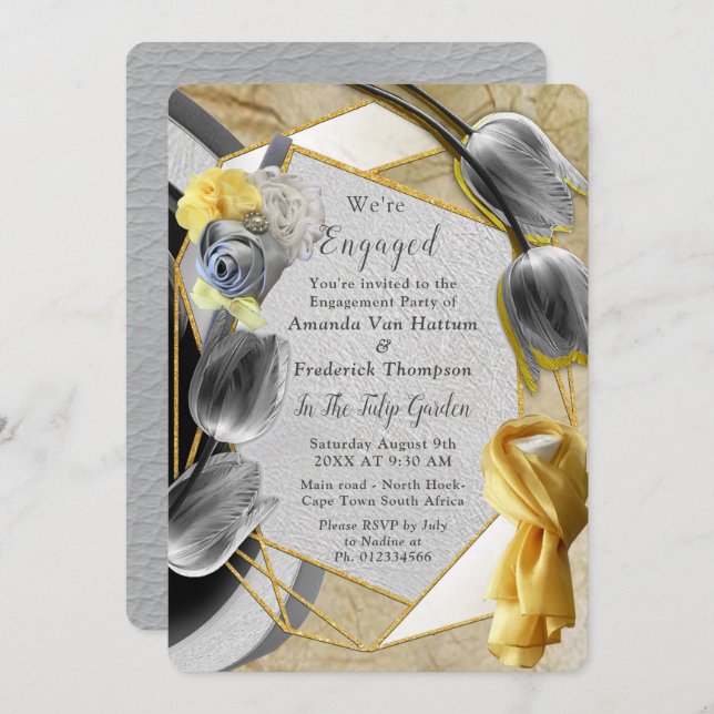 Convite Cinzas e tulipas amarelas na textura. (Frente/Verso)