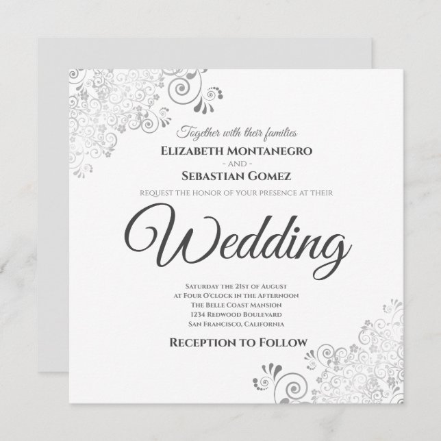 Convite Cinzas Elegantes de Prata e Casamento Quadrado Bra (Frente/Verso)