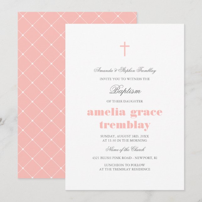 Convite Cinzas Elegantes e Batismo Cruzado Rosa Esmagado (Frente/Verso)
