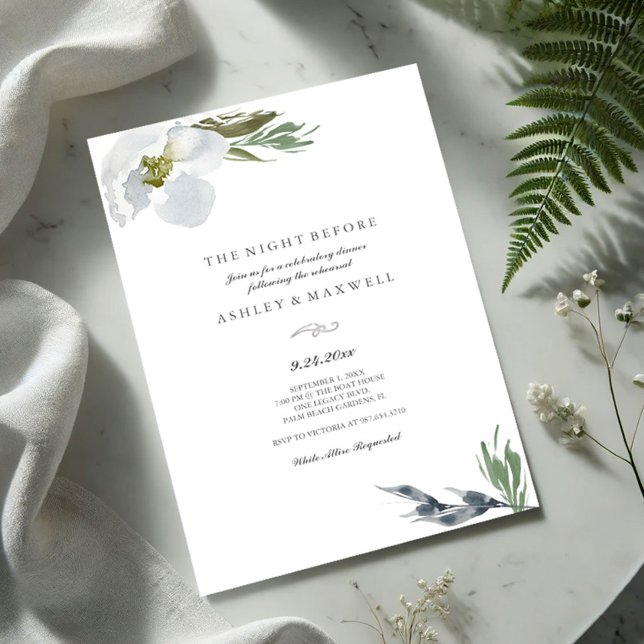 Convite Cinzas Legal, Janto de ensaio Florestas de Aquarel (Wedding rehearsal invitations for the night before dinner features watercolor flowers and greenery)