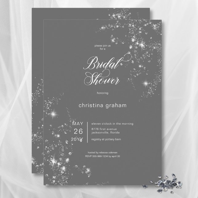 Convite Cinzas Modernas e Chá de panela de Ouros de Glam B (Modern Gray & White Glam Diamonds Bridal Shower Invitation)