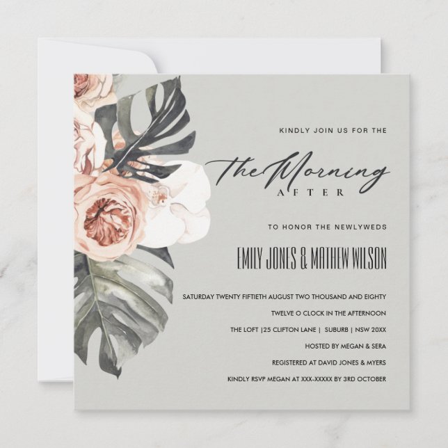 CONVITE CINZAS MONSTERA FLORA NA MANHÃ APÓS O CASAMENTO (Frente)