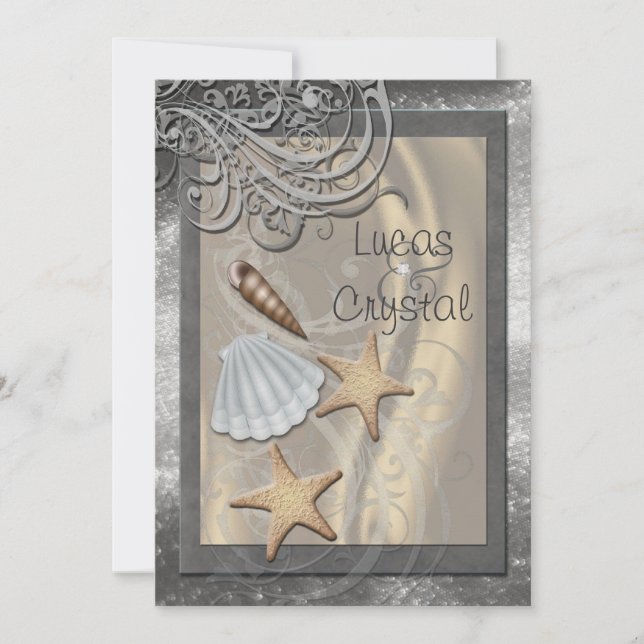 Convite cinzento do casamento de praia do Seashell (Frente)