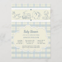 Convite cinzento do chá de fraldas da xadrez