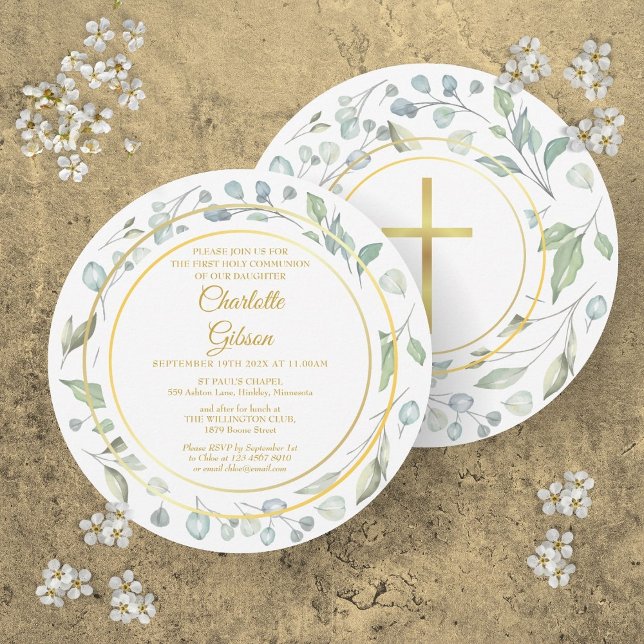 Convite Circular Dourada Laurel Garland, Primeira Comunhão (First Holy Communion Laurel Garland Gold Circular Invitation)