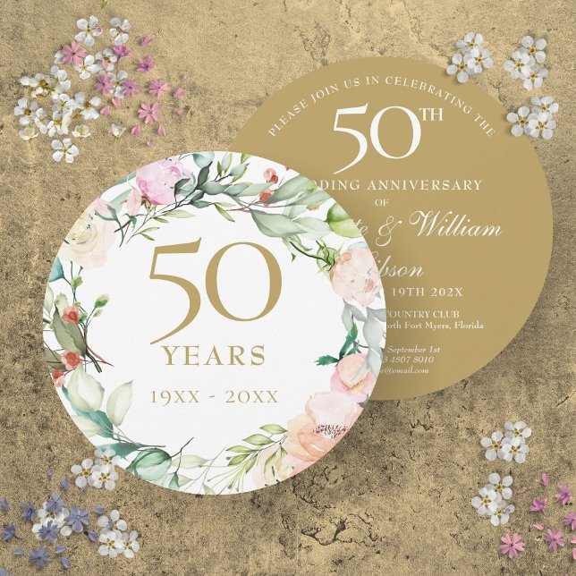 Convite Circular Floral de Bodas de Ouro 50 Anos (50th Golden Wedding Anniversary Floral Circular Invitation)