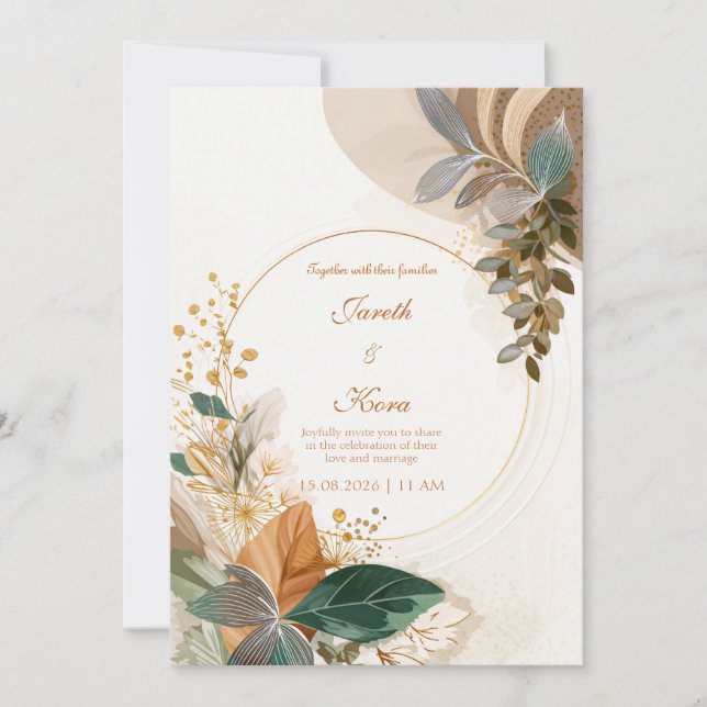 Convite Circular Gold Forest Green Botanical Wedding (Frente)