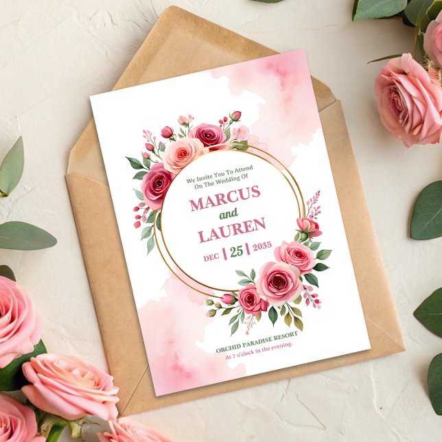 Convite Circular Rose Frame Watercolor Wedding Invitation (Criador carregado)