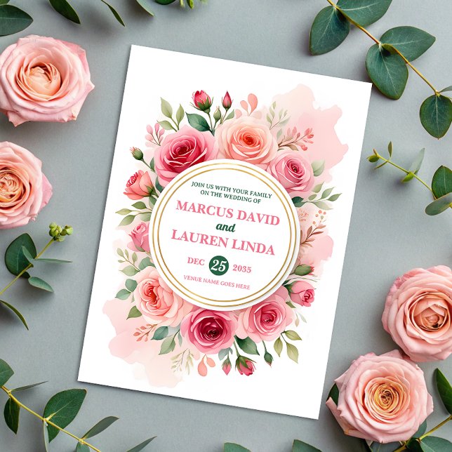 Convite Circular Rose Frame Watercolor Wedding Invitation (Criador carregado)