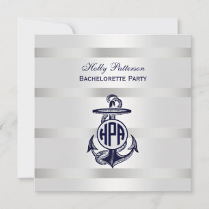 Convite Círculo Marinho Branco de Prata Anchor Azul Monog