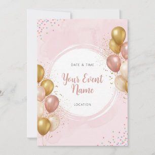 Convite Círculo Pintado com Balão Dourado em Aquarela Rosa
