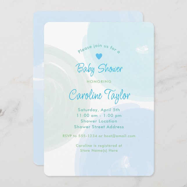 Convite Círculos de Aquarela Chá de fraldas Verde Azul (Frente/Verso)