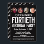 Convite Círculos de fotografias brancas aniversário de 40<br><div class="desc">Convite para aniversário de 40 anos de modelo de foto simples, preto e branco, preto e branco, sem caráter visual. Personalize este convite de aniversário milestone com seus próprios detalhes de evento de festa de aniversário, e quatro fotos diferentes, uma de cada década do seu aniversariante ou garota nos círculos...</div>