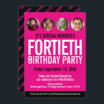 Convite Círculos de fotos cor-de-rosa branco aniversário d<br><div class="desc">Convite para aniversário de 40 anos de modelo de foto simples, preto e branco, preto e branco, com gráfico quente e a quente. Personalize este convite de aniversário milestone com seus próprios detalhes de evento de festa de aniversário, e quatro fotos diferentes, uma de cada década de sua aniversariante nos...</div>