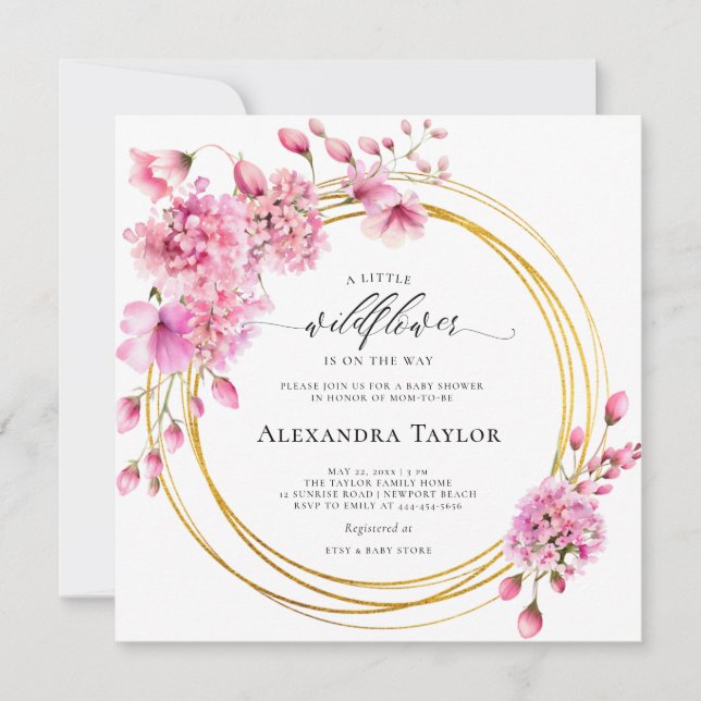 Convite Círculos Dourados de Flores Selvagens, Chá Rosa, B (Frente)