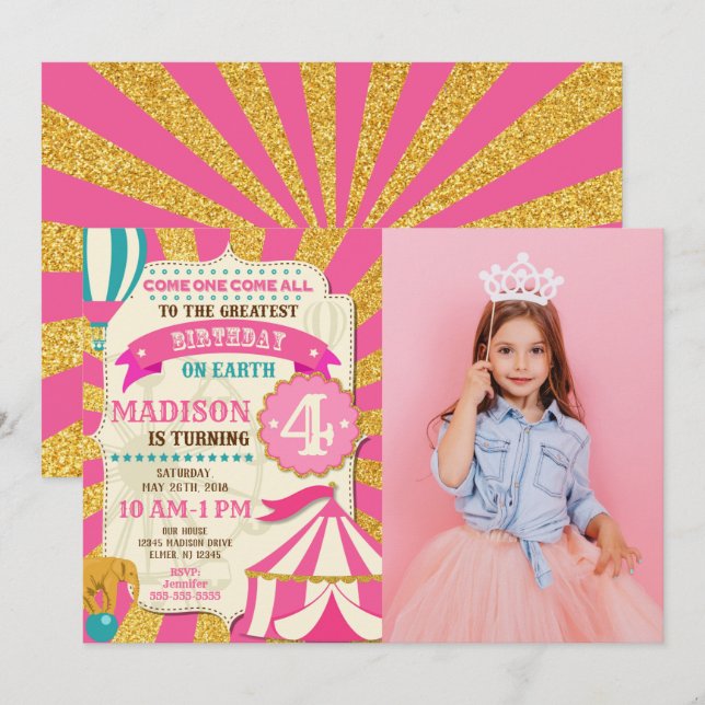 Convite Circus Birthday Invitation Carnival Pink Gold  (Frente/Verso)