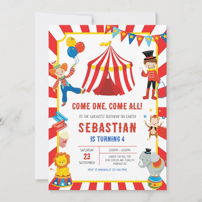 Convite Circus Carnival Birthday Invitation (Frente)