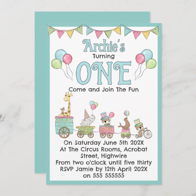 Convite Circus Themed 1st Birthday Invitation (Frente/Verso)
