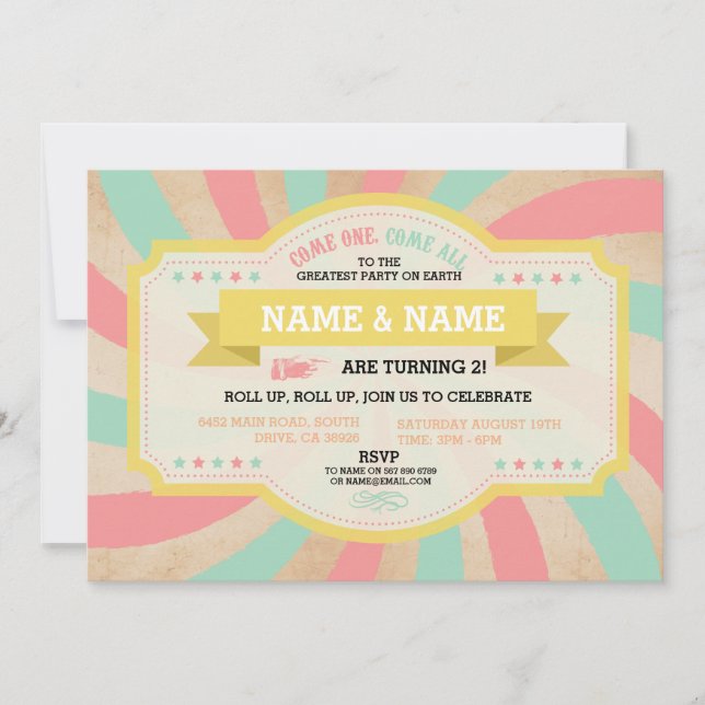 Convite Circus Twins Aniversário da Casa da Moeda e do Car (Frente)