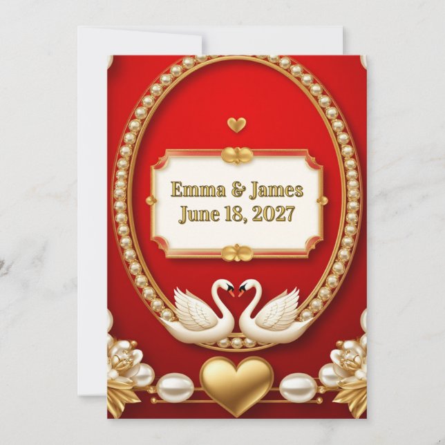 Convite ✨ Cisne Branco Romântico Casamento Vermelho Dourad (Frente)