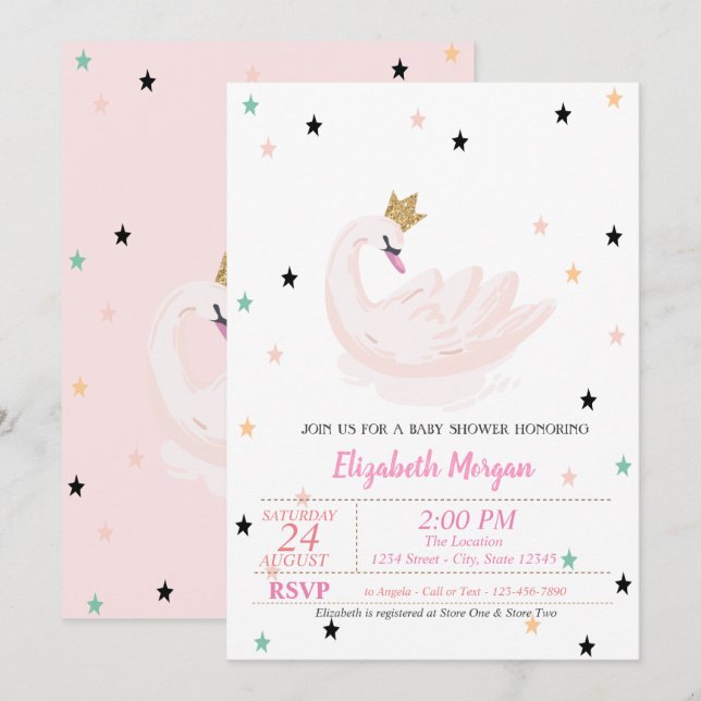 Convite Cisne Chic, Estrelas, Chã de Bebê Princesa (Frente/Verso)