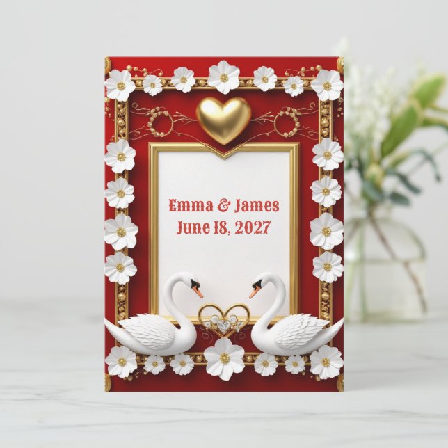 Convite 🌹 Cisne Floral Dourado Casamento Decoração 🦢 (Em pé/Frente)