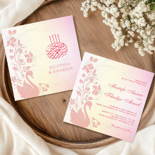 Convite Cisne Floral Rosa Pastel Casamento Islâmico Muçulm