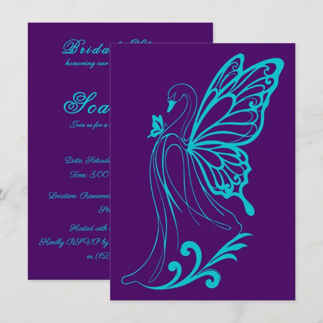 Convite Cisne gracioso com asas de borboleta roxo-teal (Frente/Verso)