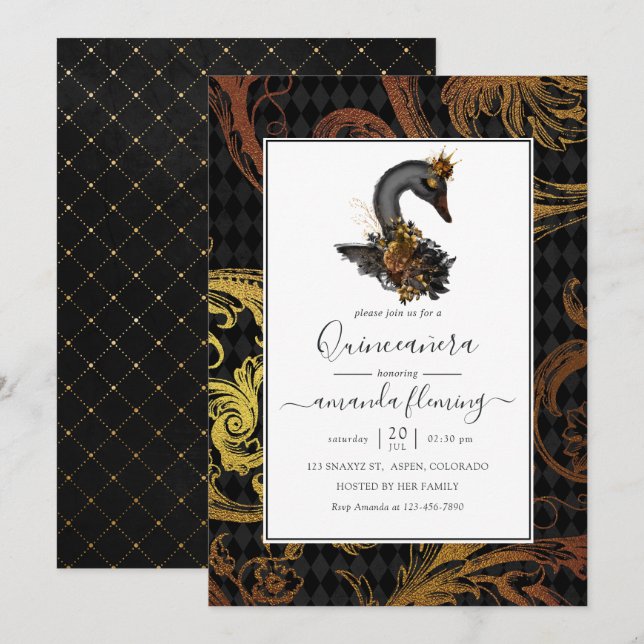 Convite Cisne Negro Quinceañera (Frente/Verso)