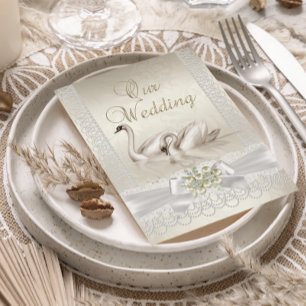 Convite Cisnes Brancos de casamento bege Renda Pérola Foto