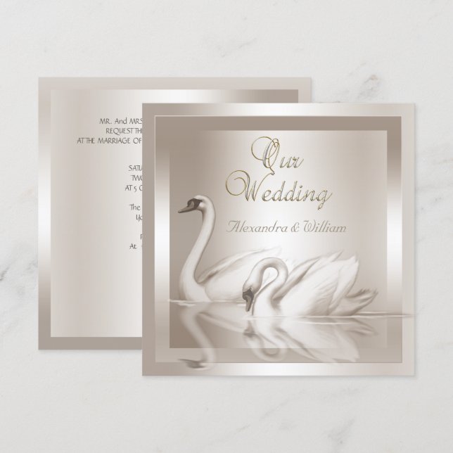 Convite Cisnes de Noiva Elegantes Damask Creme Branco (Frente/Verso)
