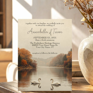 Convite Cisnes de Outono Lago Romântico no Casamento de Ou