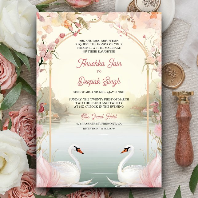 Convite Cisnes Românticos Rosa Suave Floral Casamento Indi (Criador carregado)