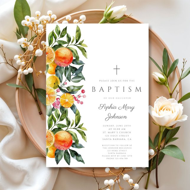 Convite Citrino Botânico Elegante Menina Religiosa Batismo (Elegant Botanical Citrus Religious Girl Baptism Invitation)