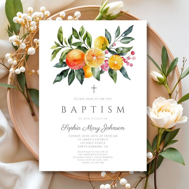 Convite Citrino Botânico Elegante Menina Religiosa Batismo (Elegant Botanical Citrus Religious Girl Baptism Invitation)
