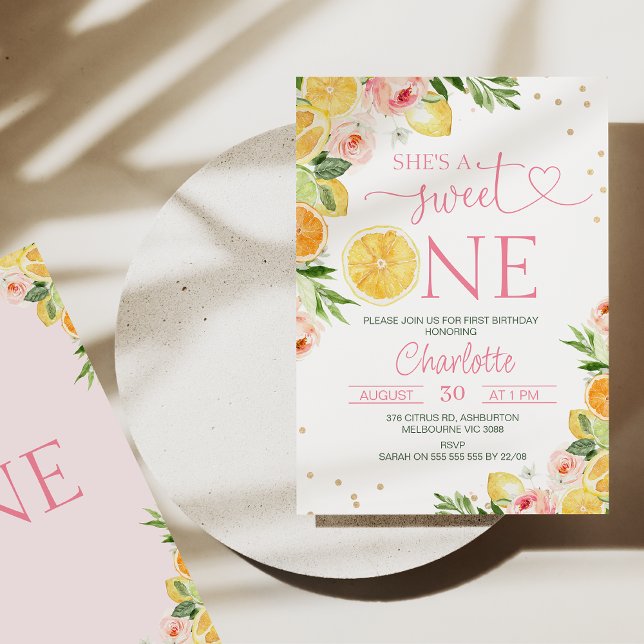 Convite Citrino Floral Rosa Ela é um primeiro aniversario  (Sweet citrus themed girl's she's a sweet one 1st birthday invitation with lemons and oranges.)