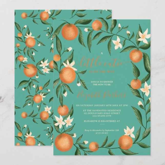 Convite Citrinos botânicos, laranja, pequeno chalé (Frente/Verso)