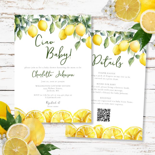 Convite Citros De Limão De Aquarela Todos Em Um Chá de fra (Watercolor Lemon Citrus All In One Baby Shower Invitation)