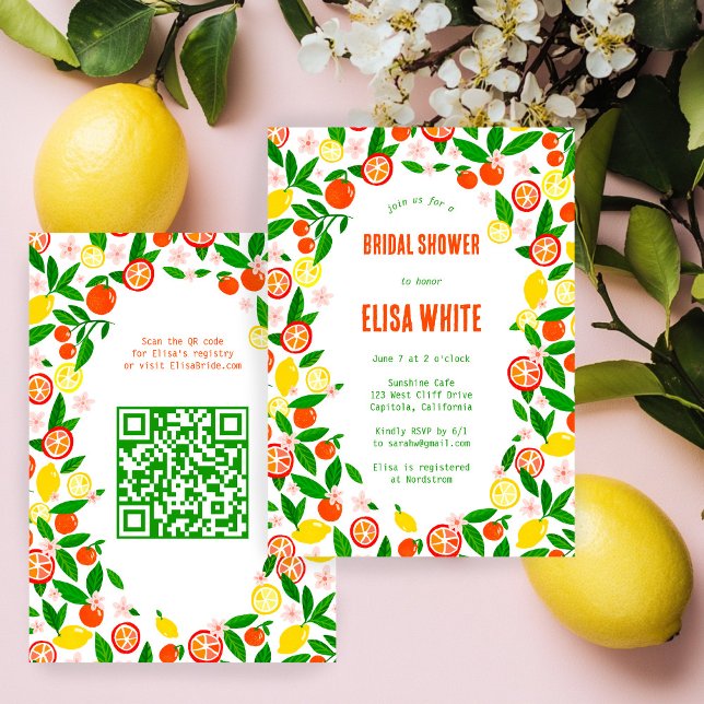 Convite Citrus Celebration CUSTOM QR Summer BRIDAL SHOWER (Citrus Celebration CUSTOM QR Code Hand-drawn Summer BRIDAL SHOWER Invitation
)