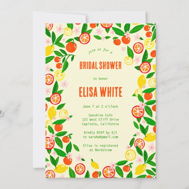 Convite Citrus Celebration CUSTOM QR Summer BRIDAL SHOWER (Frente)